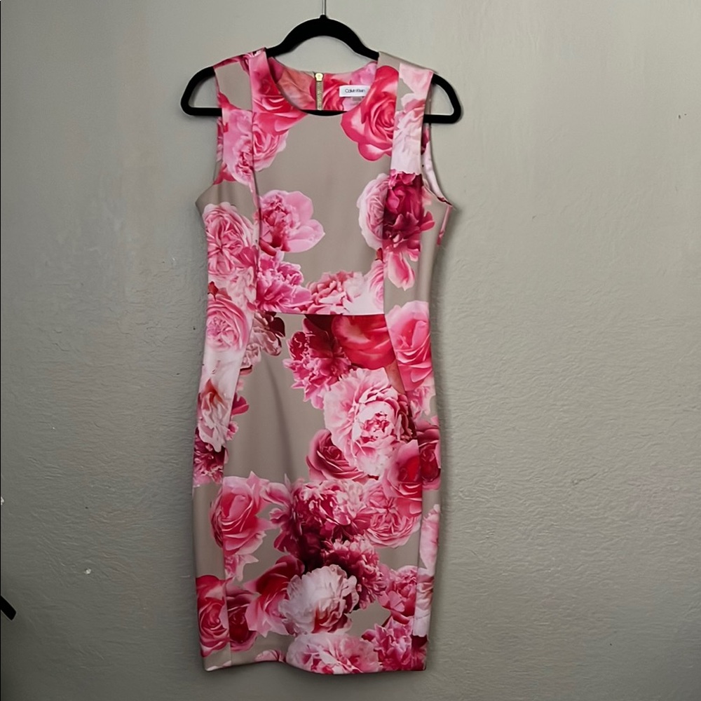 Calvin Klein Pink & Beige Floral Scuba Midi Dress Size 10 Elegant Sheath